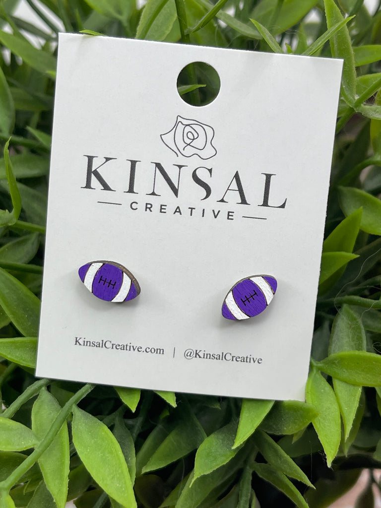 Purple Football Wood Stud Earrings