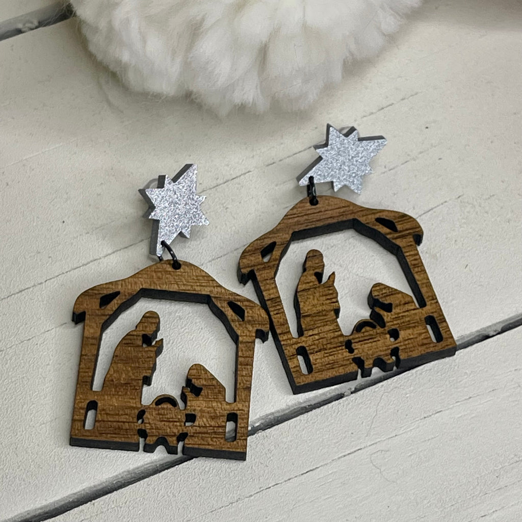 Wood Nativity Drop Earrings