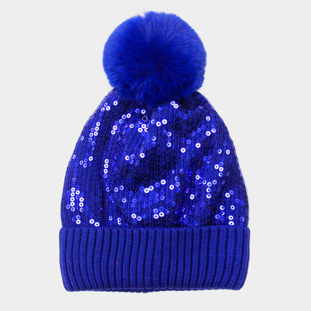 SEQUIN POM POM KNIT BEANIE HAT - ROYAL BLUE
