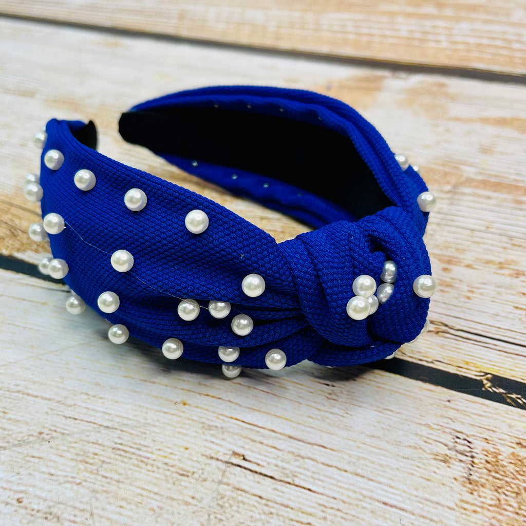 Royal Blue Knot Headband with Pearls