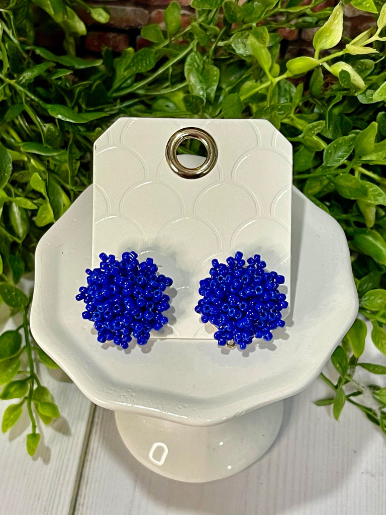 Royal Blue Beaded Pom Earrings