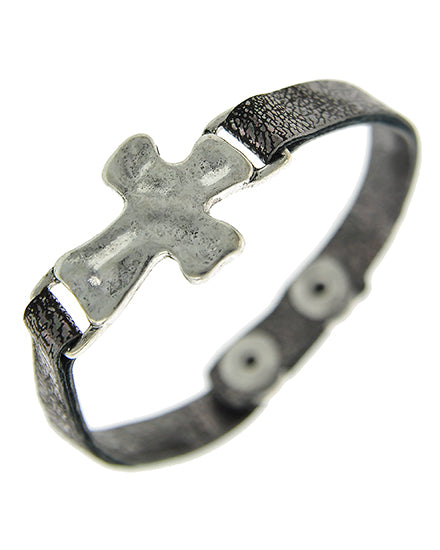 Silver and Leather Cross Bracelet