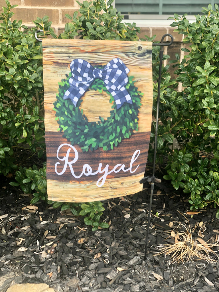 Wood and Boxwood Wreath Personalized Garden Flag