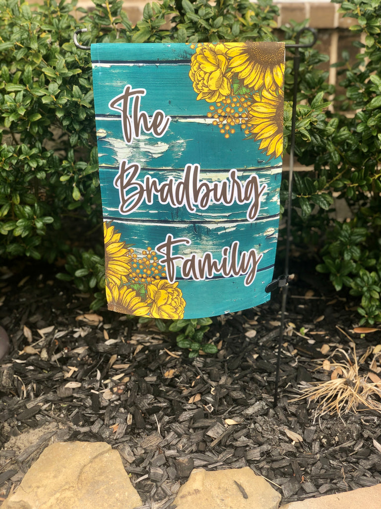Sunflower Teal Weathered Wood Personalized Garden Flag