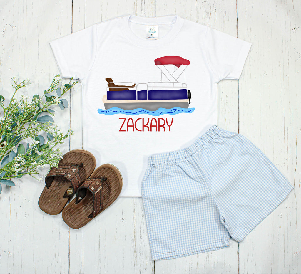 Red and Blue Pontoon Boat with Dog - Personalized