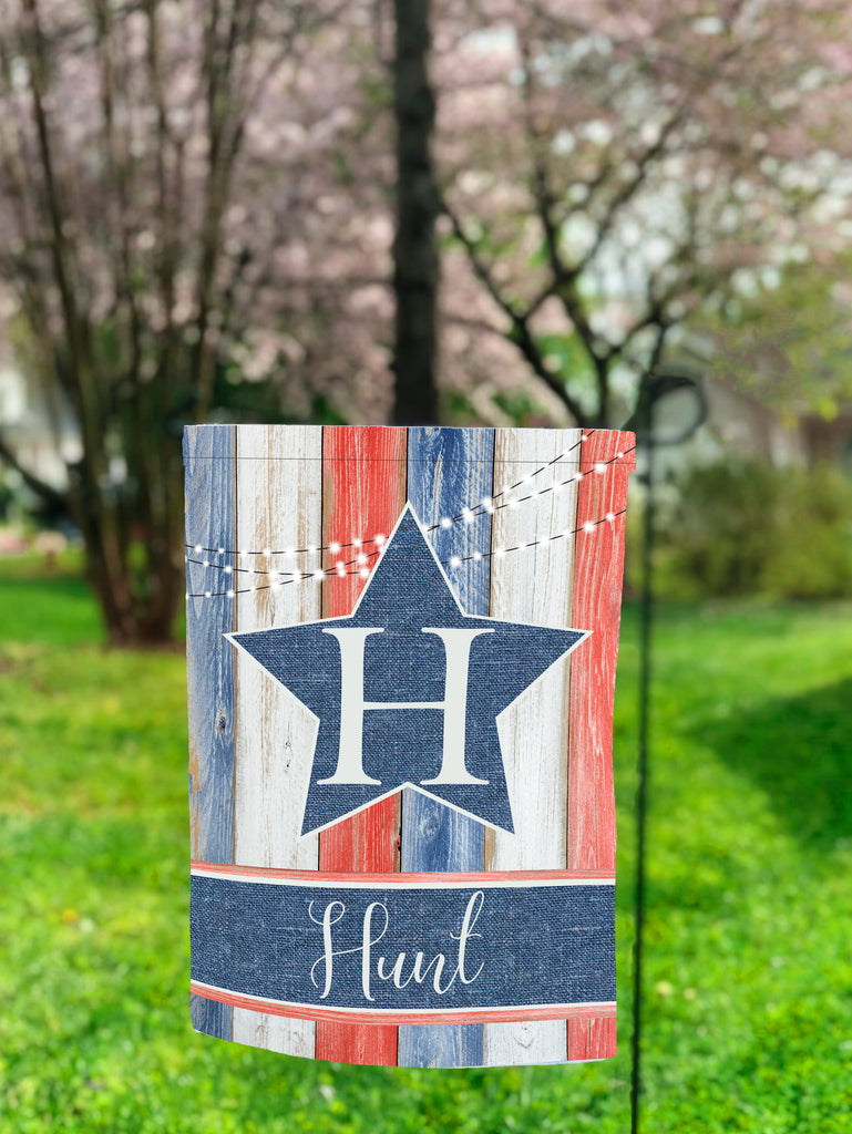Red White and Blue Wood Print Personalized Garden Flag