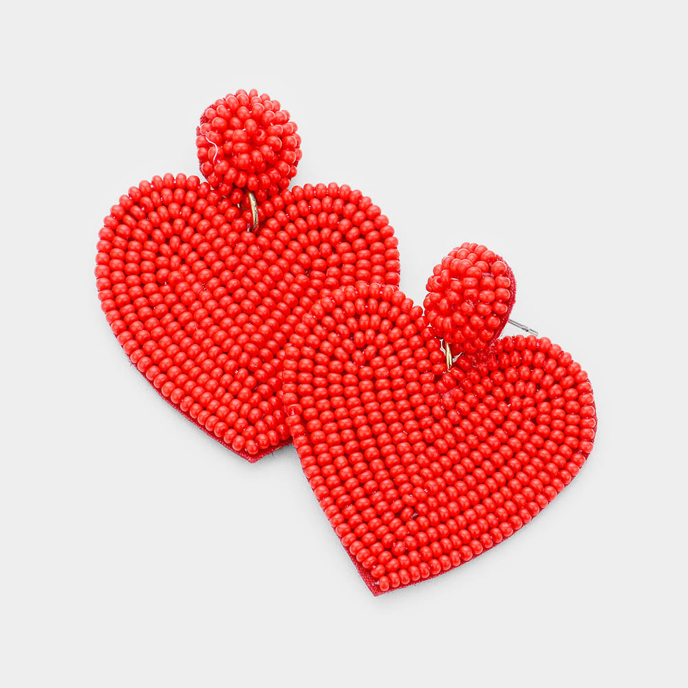 Seed Beaded Heart Drop Earrings - RED